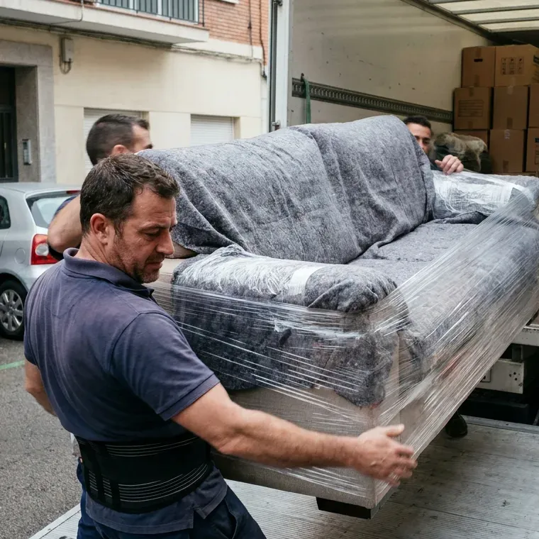 Dos operarios cargando un sofá embalado en un camión de mudanzas